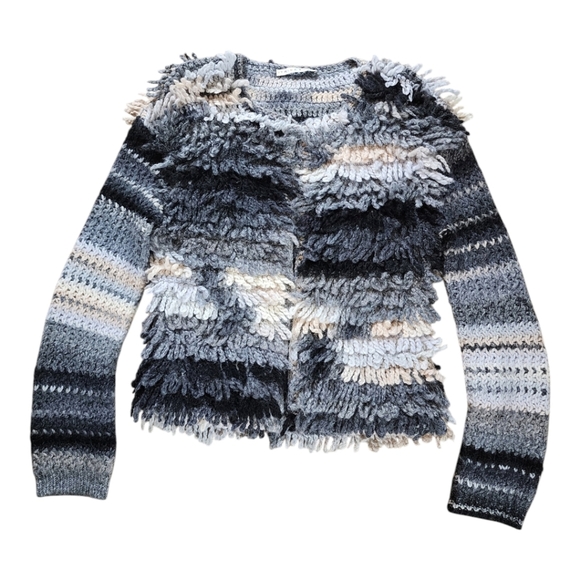 Trina Turk textured shaggy crochet knit striped cardigan in neutral tones - Picture 1 of 10